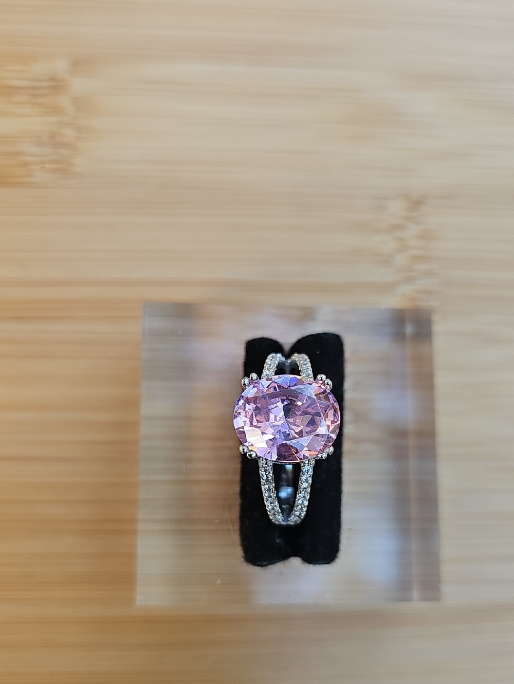Sterling Silver Oval Pink Gemstone Ring with Pavé Band